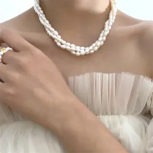 Rantai Mutiara Air Tawar Diy untuk Membuat Perhiasan, Kalung Tiga Lapis Trendi
