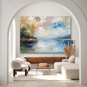 Peinture murale abstraite sur toile bleue et dorée, peinture à l'huile sur toile peinte à la main, art contemporain pour décoration intérieure, sans cadre - Product Image 4