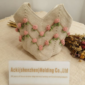 Lady Crochet Vintage Bohemian Style Tote Large-Capacity Open Closure Cotton Fashionable Two <b>Straps</b> <b>Shoulder</b> Beach Vacation Bag - Product Image 6