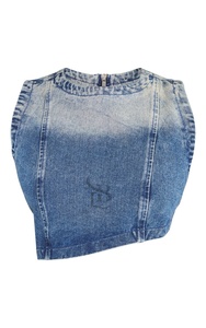 2025เสื้อครอปผ้ายีนส์แบบสั้นสำหรับผู้หญิงระบายอากาศได้ดีสีฟ้าเข้มปรับแต่งได้ - Product Image 3