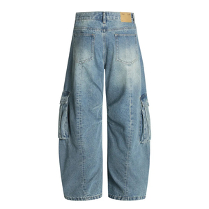 Pantalones Vaqueros Cargo de Cintura Alta para Hombre, Corte Holgado, Estilo Utilitario, Lavado a la Piedra, Color Azul, Pierna Ancha, Tela de Algodón para Primavera - Product Image 2