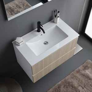 Meuble de salle de bain mural en bois cannelé de 100 cm avec 2 tiroirs et miroir minimaliste Bali de 100x60 cm, ensemble de salle de bain - Product Image 3