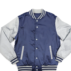 Chaqueta Bomber de Béisbol Clásica Unisex Azul Marino y Gris, Lisa, de Satén, con Cuello en V y Puños, Reversible, Impermeable, para Primavera - Product Image 1