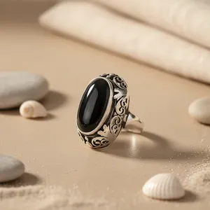 Anillo de Plata de Ley 925 con Ónix Negro para Hombre, Joyería Fina Vintage, Chapado en Rodio, Incrustaciones de Piedras Preciosas Talladas, Diseño Intrincado - Product Image 2