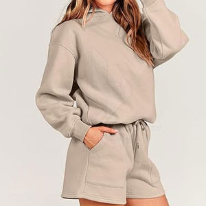 Conjunto de Sudadera con Capucha y Pantalones Cortos de Punto con Estampado Sólido de Estilo Casual de Verano 2025 Personalizado para Mujer - Product Image 3