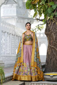Elegante Dola Silk Kalamkari Print Lehenga Choli con borde Zari y borla Dupatta para Ropa Étnica festiva Compradores al por mayor - Product Image 4