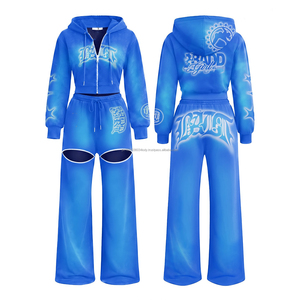 Conjunto de chándal de invierno para mujer con sudadera corta con cremallera y parches de logo, venta al por mayor - Product Image 2