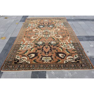 Alfombra de lana marrón y beige tradicional hecha a mano, diseño de retazos de 6,5x9,8 pies, alfombras rectangulares turcas para sala de estar, alfombra de látex para cabecera - Product Image 1