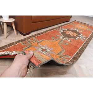2.9x10.2 ft Vintage Patchwork Runner Rug Eco-Friendly Orange <b>Brown</b> Turkish Solid <b>Wool</b> with Latex Backing - Product Image 3