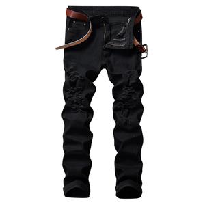 Jean en denim noir épais en détresse pour hommes, pantalon toute saison délavé à fermeture éclair - Product Image 3