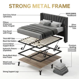 Letto matrimoniale moderno in tessuto vellutato imbottito con contenitore a gas e funzione ottomana - Product Image 4