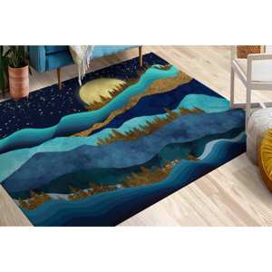 Alfombra de Lana con Estampado de Paisaje Forestal Dorado, Estilo Tradicional Ecológico, Pelo Mediano, Respaldo de Látex - Product Image 1