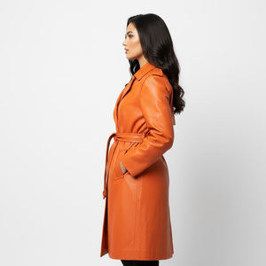 Gabardina Clásica de Cuero para Mujer, Proveedor de Fábrica, Venta al por Mayor, Prenda Exterior de Moda Hecha a Medida, con Cinturón, Doble Botonadura, Elegante, de Algodón - Product Image 3