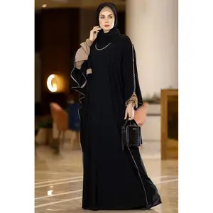 2023 Fashion Muslim Dubai Arabic Moroccan Kaftan Robe Maroon Golden New Soft Satin Hijab Dress for Women