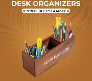 Organisateurs de bureau en bois pour la maison et l'école Porte-crayons en bois de taille parfaite avec 3 compartiments Nom personnalisé en bois - Product Image 2