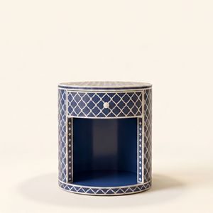 Table de chevet ronde bleue avec motif géométrique et un seul tiroir, meuble de rangement moderne pour chambre à coucher - Product Image 1