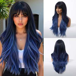 Perruque Synthétique DWY de Haute Qualité, Longue Ondulée Bleu Brume avec Boucles Naturelles, Dentelle Transparente, Fibre Résistante à la Chaleur, Frange Courte - Product Image 2