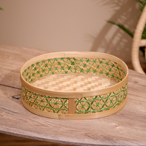 ถาดไม้ไผ่สานสีสันสดใส / จานไม้ไผ่ทรงกลมตกแต่งลายเรขาคณิตสีสันสดใส - Product Image 3