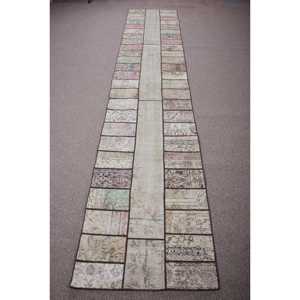 2,5x12,6 ft Runner Turkish Rug, Vintage Rug, <b>Brown</b> White Striped <b>Wool</b> Rug - Product Image 1