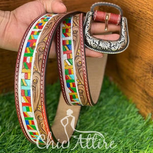 Cinturones florales pintados a mano de cuero genuino occidental novedad - Product Image 1