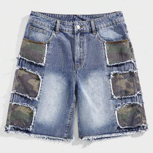 Good Quality <b>Men</b> Streetwear 2026 Custom Washed Distressed Camo Patchwork Zipper Fly Denim Jean <b>Shorts</b> OEM Serviced - Product Image 1