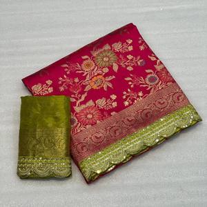 Sari de Seda Dola VASTRA COTTAGE con Doble Tejido Zari, Bordado con Cordones, Lentejuelas, Hilo y Ribete Zari, Pallu con Blusa - Product Image 5