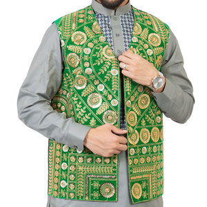 Chaleco Vintage verde hecho a mano para hombre, bordado dorado y trabajo Cherma en tela de lona, ropa exterior para hombre - Product Image 1