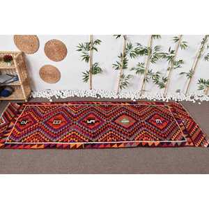 Vintage Turkish Herki <b>Rug</b> 3.2x9.9 ft, Orange <b>Runner</b> Check Wool <b>Rug</b> - Product Image 3