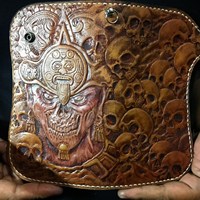 Portefeuille long pour homme en cuir véritable 100% de style western, avec motifs géométriques vintage, fabriqué à la main, porte-cartes de crédit ATM, blocage RFID
