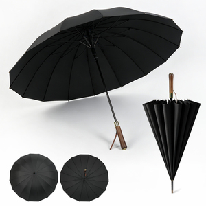 Parapluie droit de luxe avec poignée en bois massif, ouverture automatique, 25 pouces, 16 baleines, coupe-vent, en fibre de verre, imperméable, avec logo - Product Image 1