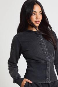 Ensemble 2 pièces pour femmes, sweat-shirt à boutons en coton lavé et jogging, coupe décontractée, survêtement personnalisé OEM ODM pour femmes - Product Image 4