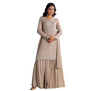 ชุด kurta สีน้ำตาลอ่อนพร้อมเลื่อมพาลาซโซและ dupatta เครื่องแต่งกายชาติพันธุ์สำหรับผู้หญิงขายส่งโรงงานผลิตตามสั่ง - Product Image 1