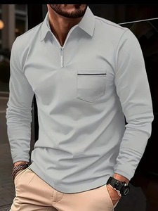 2025 primavera nuevo cómodo 100% algodón solapa con cremallera para POLO camisa de manga larga ropa deportiva informal bolsillo de Color sólido - Product Image 5