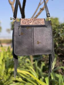 Cowhide Fur Leather Handmade Carving Tooled Leather Fringe Handbag New Arrival Gypsy Boho Vintage Cross Body Stylish <b>Bags</b> - Product Image 4