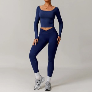 Chándal de mujer, conjunto de Yoga de 2 piezas, ropa deportiva de entrenamiento, ropa de gimnasio, Top corto de manga larga, mallas de cintura alta, trajes deportivos - Product Image 3