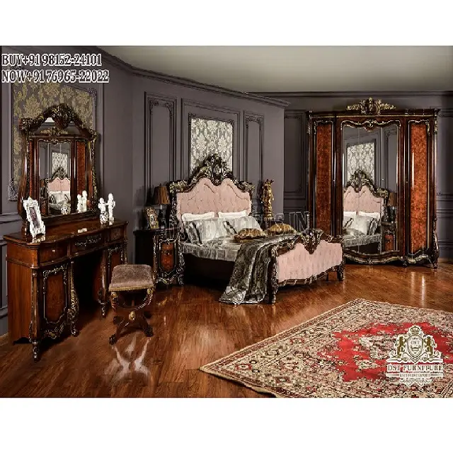 Купить антикварная резная кровать и набор мебели для спальни роскошная кровать ручной работы с боковыми стульями королевская деревянная мебель для спальни