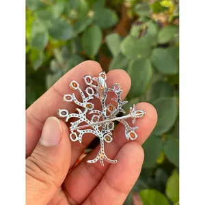 925 Silver Multi-Sapphire <b>Tree</b> Brooch & Pendant Gold Plated with Diamond for Engagement Wedding or Party - Product Image 2