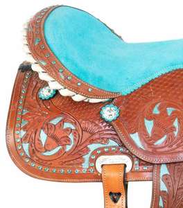 Vente en gros de selles en daim turquoise de qualité supérieure style occidental anglais sculptées à la main équipement d'équitation en cuir véritable - Product Image 4