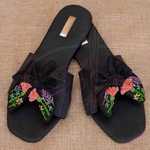 Faux Leather & Raw Silk Women <b>Slide</b> for Anti-Slippery Printed Fashion Design Comfortable Durable All Seasons - Product Image 2