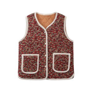 Women's Classic Quilted Sleeveless Vest with Button Closure, Contrast Trim Casual Outerwear