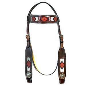 Cabecera de equitación tallada antigua de primera calidad, estilo occidental, cuero de primera calidad, caballo labrado a mano - Product Image 3