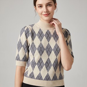 Fine-Knit <b>Argyle</b>-Patterned <b>Sweater</b> with Short Puff Sleeves, High Ribbed Collar, One Size Fits Sizes 36–42 - Product Image 3