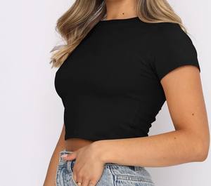 Tops cortos de moda para mujer, camisa básica ajustada con ombligo expuesto, Top de trabajo de manga corta con cuello redondo para chicas adolescentes, moda de verano - Product Image 4