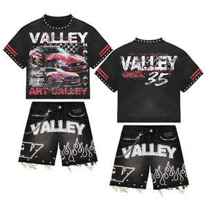 Conjunto de camiseta de verano para hombre de algodón 100%, diseño gráfico de calle Formal informal con corte de diamantes de imitación cuadrados transpirables, estilo Formal - Product Image 4