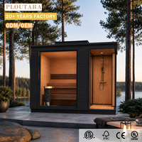 Ruang Sauna Luar Ruangan PLOUTARA dengan Shower, Kabin Kayu Hitam Atap Datar, Pemanas Listrik Kaca Depan OEM untuk Villa, Resort, Spa