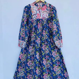 Femmes filles pur coton Maxi robe indien bloc imprimé décontracté été soirée à la mode nouvelle vente en gros longue robe mi-longue - Product Image 1