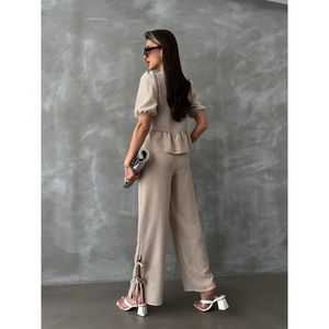 TOPSHOW Stone Plaid <b>Linen</b> Cotton Polyester Blend Wholesale Pants for Women - Comfortable and Stylish Regular Fit Trousers - Product Image 5