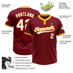 Camisetas Rojas Letras amarillas impresas sublimación personalizada Softball béisbol botón Jersey 2 botones béisbol Club Jersey venta entera - Product Image 3