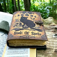 Livre de sorts vintage sorcière chat noir Grimoire 10x7 cahier en cuir véritable avec papier de plage pour dessin fait main Wiccan