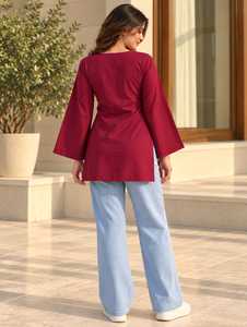 เสื้อทูนิคแขนยาวคอวีสีพื้นสำหรับผู้หญิงขายส่ง – เสื้อเชิ้ตแขนยาวลำลองคอวีสำหรับใส่ทุกวัน เสื้อทูนิคแขนยาวสีแดงสำหรับผู้หญิง - Product Image 2
